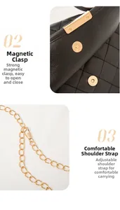 Detail of black quilted leather bag featuring gold magnetic clasp and adjustable chain strap