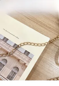 Detailed macro shot of flat oval golden metal chain strap on a designer handbag