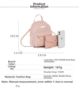 Pink monogram mini backpack and solid clutch set with product dimensions on white background