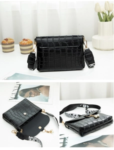 Detail of crocodile pattern mini square bag with letter print strap and pearl charm