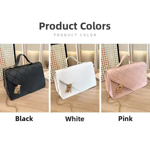 Quilted crossbody bags in black, white, and pink with gold chain straps displayed on wood
