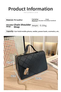 Detail of black quilted PU leather crossbody bag with gold chain and metal twist lock