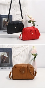 Detailed view of quilted faux leather crossbody bags in black, red, and brown colors