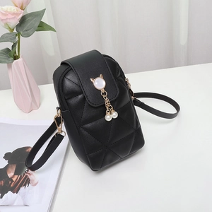 Mini Sac Bandoulière En Cuir PU Matelassé Pour Téléphone Avec Pompon Künstliche Perle Tête De Chat Sac À Épaule Mode Pour Femmes