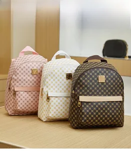Detailed display of fashionable printed backpacks in pink, white, and dark coffee colors