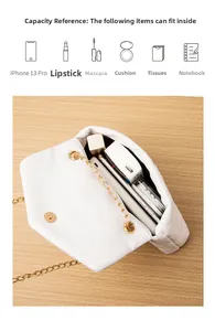 Internal storage of white quilted chain bag showing capacity for phone and cosmetics