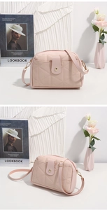 Detailed views of cherry pink quilted crossbody bag with gold hardware and strap