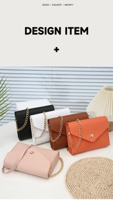 Detailed display of envelope crossbody bags in five colors with metal chain straps