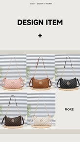 Detail view of crescent shoulder bags in five colors with M-letter monogram print