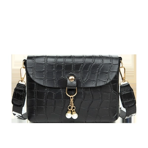 Black crocodile pattern mini bag with golden lock and pearl charms on wide strap