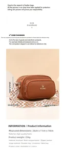 Brown lychee leather crossbody bag with geometric woven strap and product dimensions