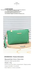 Green woven crossbody bag size chart with dimensions 21x13x4cm and gold chain detail