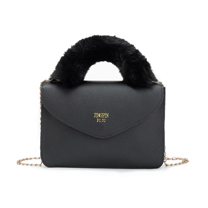Minimalist black faux leather handbag with plush faux fur handle and gold chain strap