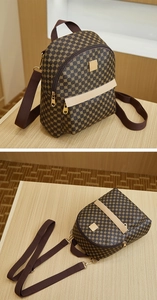 Macro view of women's vintage mini backpack with gold zippers and leather trim