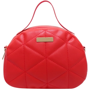 Elegant red quilted embroidery handbag with gold metal logo and sturdy top handle