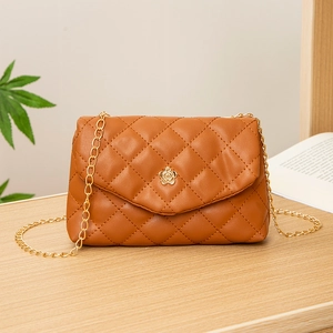 Brown quilted shoulder bag for women with golden flower lock and chain strap