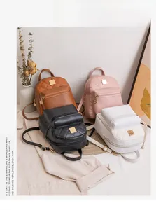 Detailed display of mini quilted PU leather backpacks in brown pink black and white colors