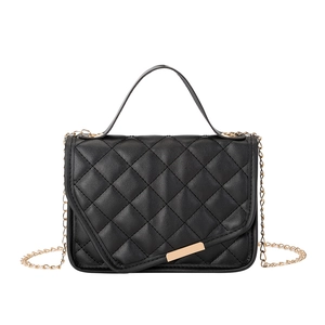 Black quilted crossbody bag with gold chain strap and top handle for women
