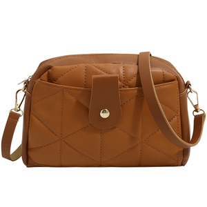 Brown quilted crossbody bag for women with gold clasp and adjustable shoulder strap
