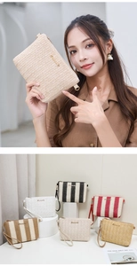 Close-up of woven envelope clutch bags in various colors with metallic zippers