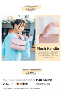 Pink crocodile pattern PU bag with plush handle and dimensions 18.5x12x6cm