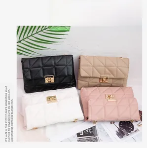 Quilted crossbody flap bags in black, beige, white, and pink with gold metal locks