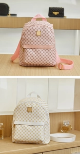 Detail showing mini backpacks with geometric prints and gold-tone metal plates