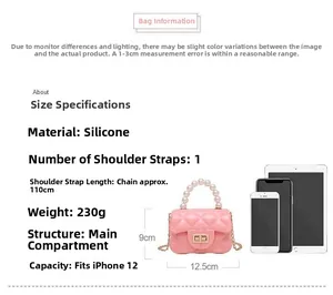 Pink jelly handbag size guide 12.5x9cm with pearl handle and metal chain strap