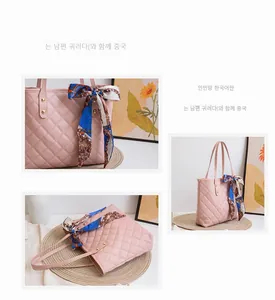 Detailed views of pink quilted tote bag featuring a decorative patterned silk scarf handle