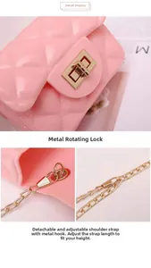 Detail of pink quilted jelly bag featuring a gold twist lock and detachable chain strap
