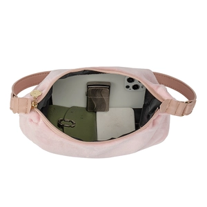 Pink plush suede hobo bag shown with spacious interior for phone and essentials