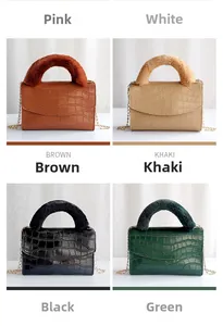 Detail of crocodile pattern bags with plush handles and gold chain straps in multi colors