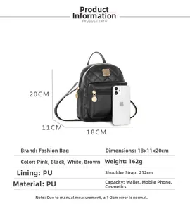 Detailed size comparison of the mini quilted backpack showing dimensions 18x11x20cm and weight