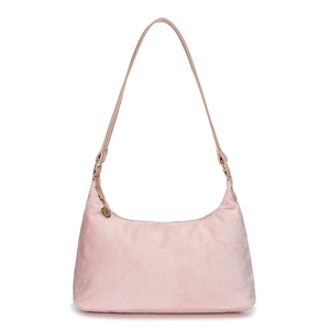 Minimalist light pink faux suede underarm hobo bag with round gold pendant detail