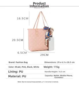 Detailed size chart for the large capacity tote bag showing dimensions and PU material