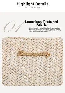 Close-up of beige woven texture with gold cursive brand plate on a crossbody bag