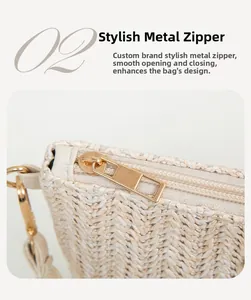 Close-up of beige woven bag featuring high-quality V-shaped straw texture and gold zipper