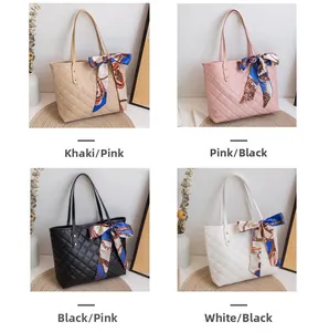 Detailed grid view of quilted tote bags in four colors with decorative silk scarves