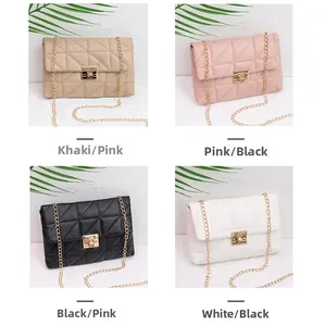 Quilted mini chain bag set featuring khaki, pink, black, and white color variants