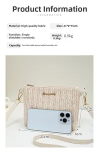 Size chart for woven crossbody bag showing 21x4x15 cm dimensions with smartphone for scale