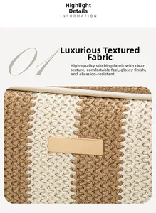 Detail shot of the woven camera bag featuring a polished gold nameplate and striped fabric