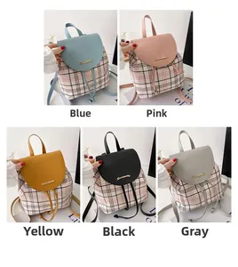 Dettaglio degli zaini mini a quadri in blu, rosa, giallo, nero e grigio in griglia