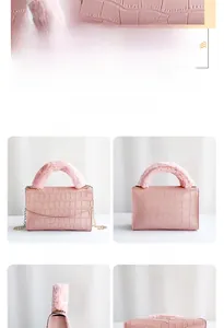 Detailed views of a pink stone pattern crossbody bag with faux fur handle and gold chain