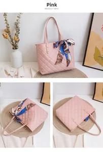 Detailed views of pink quilted tote bag featuring silk scarf handle and golden rivets