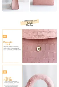 Detail display of pink crocodile pattern handbag with magnetic clasp and plush handle