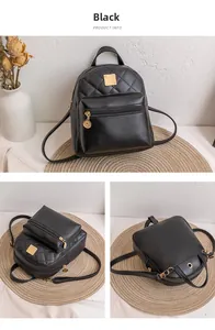 Detail view of black quilted PU leather mini backpack with front zipper pocket