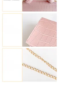 Close-up of pink crocodile pattern texture and thick gold chain strap on the bag
