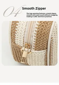 Close-up of smooth gold metal zipper and woven texture on beige crossbody bag