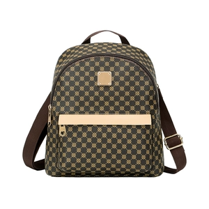 Women's brown circle print backpack with dual-layer storage and gold hardware