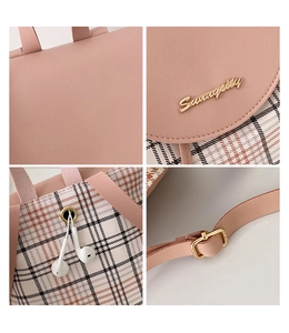 Dettagli dello zaino in pelle PU rosa con tessuto scozzese e fibbia in metallo oro